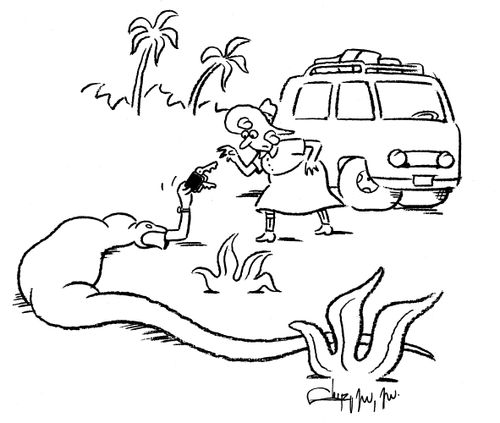 Woman taking keys off her husband who is being eaten by a snake.