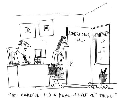 Advertising man saying to woman - 'Be careful. It's a real jingle out there.'