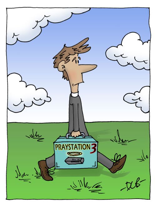Vicar carrying a games console called a 'PrayStation 3'.