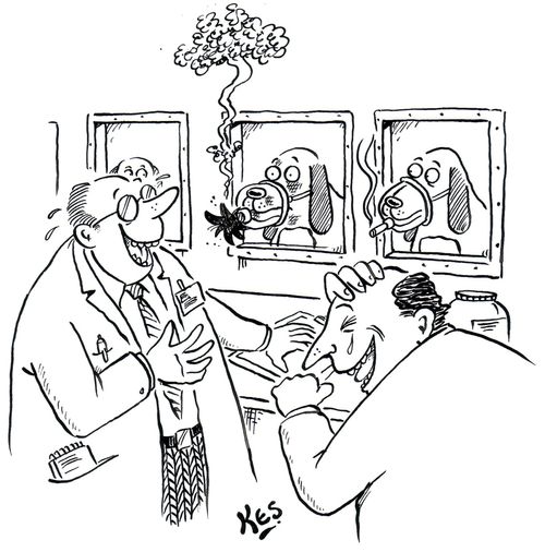 Scientist's play practical joke with exploding cigar on dog.