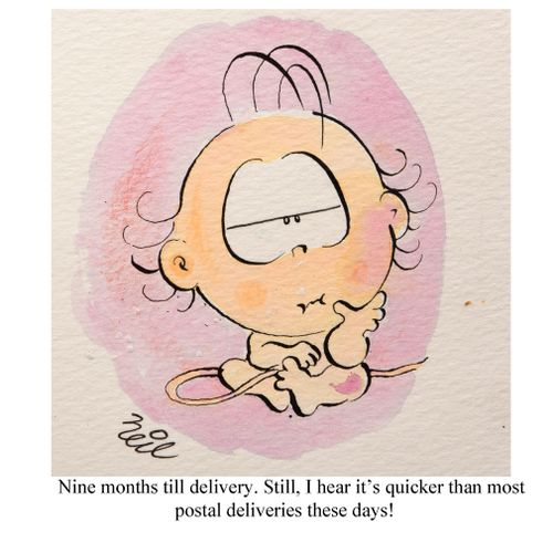 "Nine months till delivery. Still, I hear it's quicker than most postal deliveries these days!"