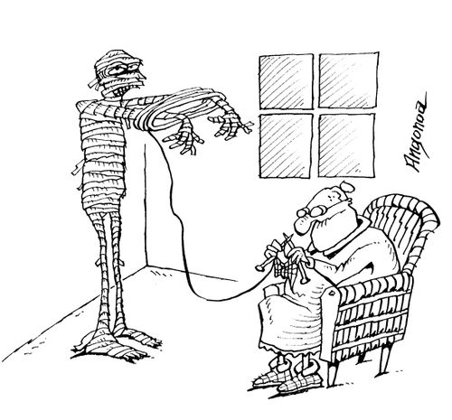 Old lady using a mummy as a knitting aid.
