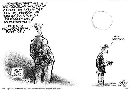 'I remember that time like was yesterday! Wow! What a great time to be in this country - America had actually put a man on the moon - what an achievement! Here's to Neil Armstrong, right, kid?'