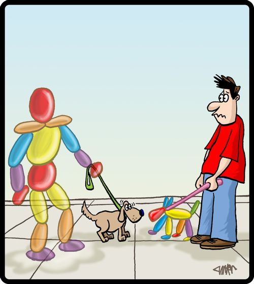 Man with balloon dog meets dog with balloon man.
