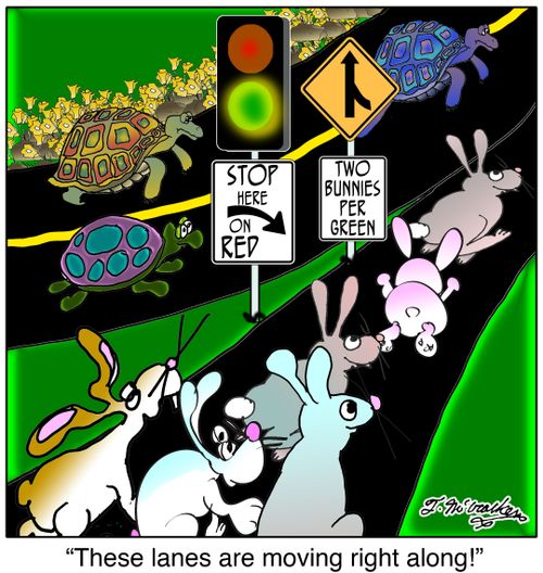 Two Bunnies Per Green. 'These lanes are moving right along!'