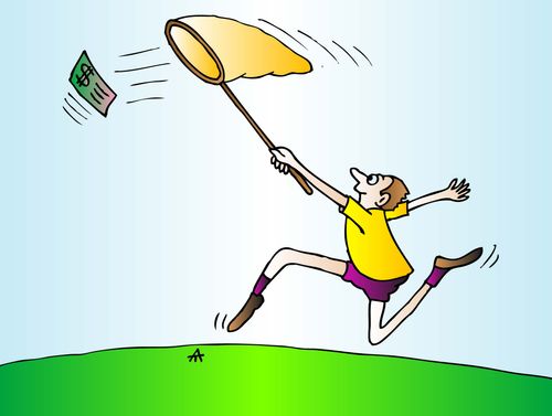Man chases dollar with butterfly net.