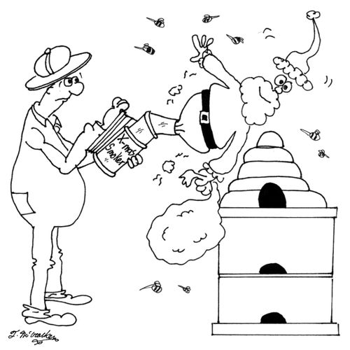 Santa comes out of a smoker into a bee hive.