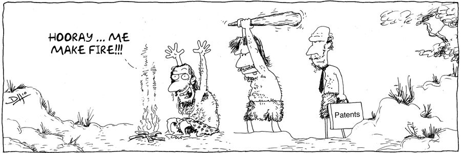 Caveman regrets inventing fire when the patent lawyer shows.