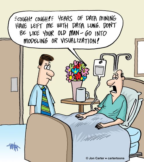 "COUGH! COUGH! Years of data mining have left me with data lung. Don't be like your old man - go into modeling or visualization!"