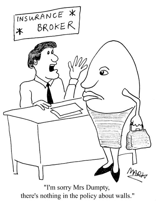 Insurance Broker - "Mrs Dumpty,there's nothing in the policy about walls."