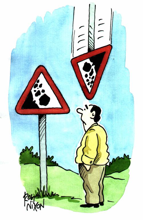 Falling rocks sign falling on man's head