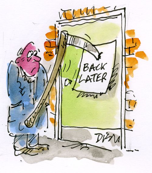 Death leaves a 'Back Later' note on the door.