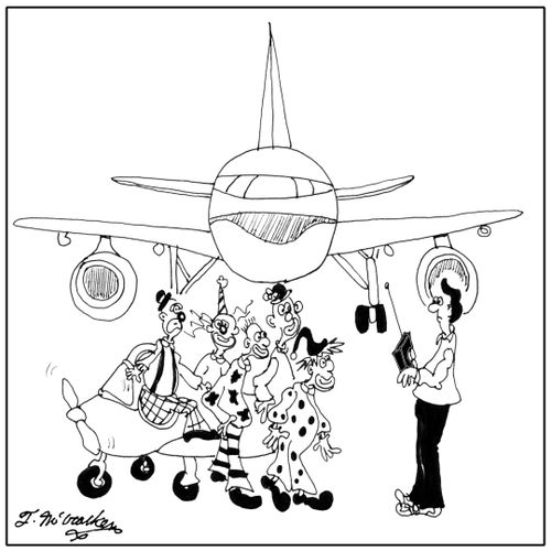 Lots of clowns at an airport climb out of a model airplane.
