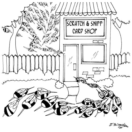 Bees swarm at a Scratch & Sniff Card Shop.