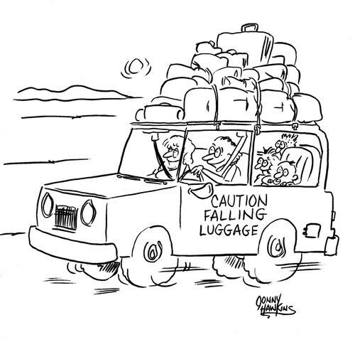 Overloaded family car has door sign: 'Caution Falling Luggage'.