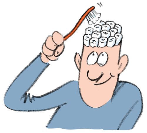 A man brushing teeth which are growing instead of hair on his head