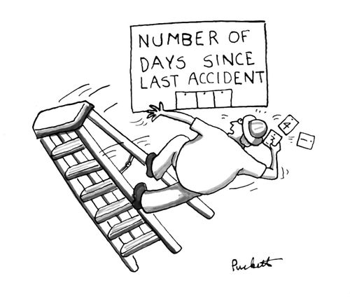 'Number of days since last accident' a man is falling off of ladder while trying to post numbers...
