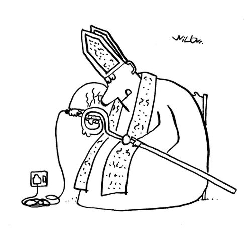 Bishop using curling irons on his staff.