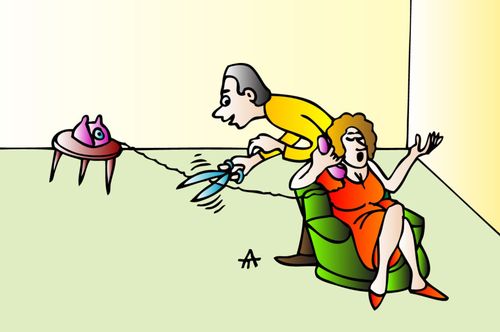 Man cutting the wire of his wife's phone.