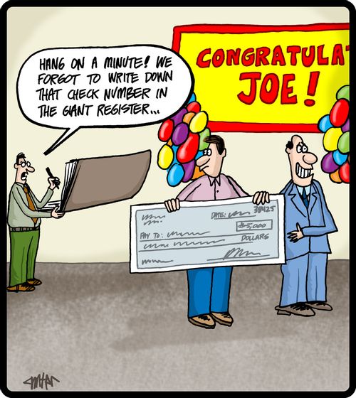 'Hang on a minute! We forgot to write down that check number in the giant register...'
