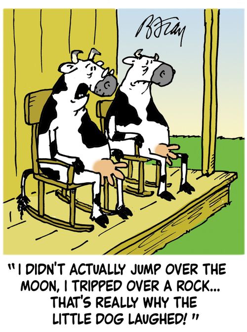 'I didn't actually jump over the moon...I tripped over a rock...that's really why the little dog laughed!'