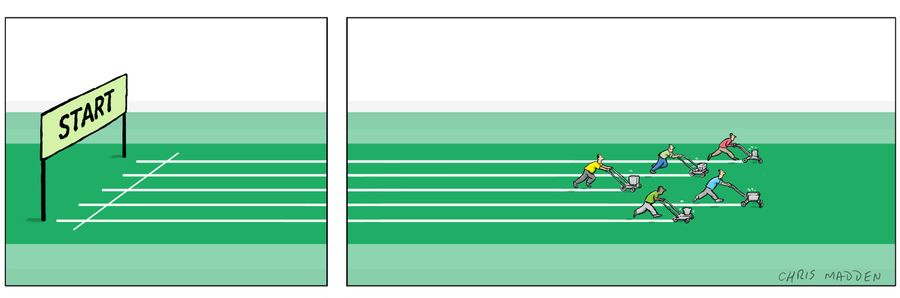 Race track - with the race being to apply the white lines between lanes