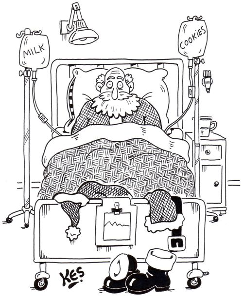 Santa in hospital bed with intravenous milk and cookies in situ.