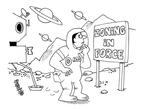 An astronaut sees a sign saying zoning in force.