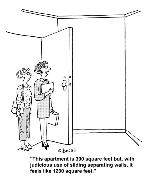 This apartment is 300 square feet but, with judicious use of sliding separating walls, it feels like 1200 square feet.