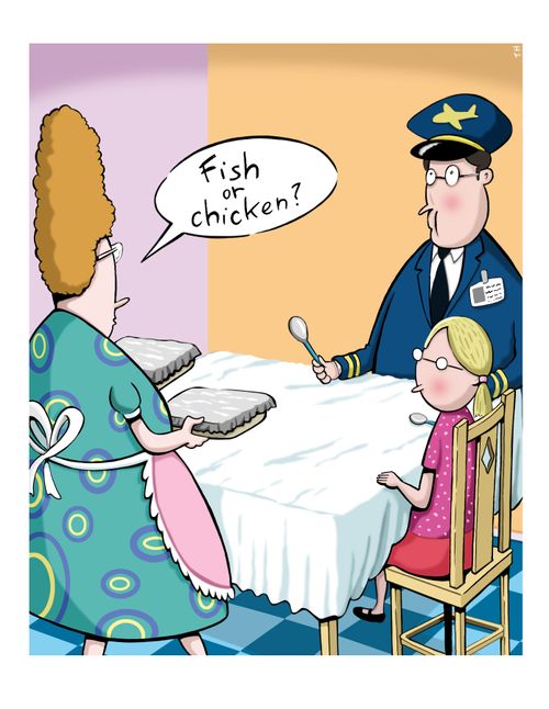 'Fish or chicken?' - Pilot has the choice of 2 types of airline food at home.
