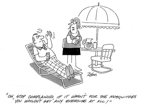 'Oh stop complaining, if it wasn't for the mosquitoes you wouldn't get any exercise at all!'