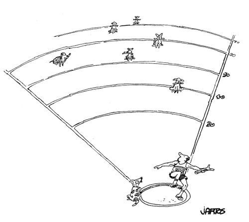 Man stands in shotput circle, throwing sticks for dogs.
