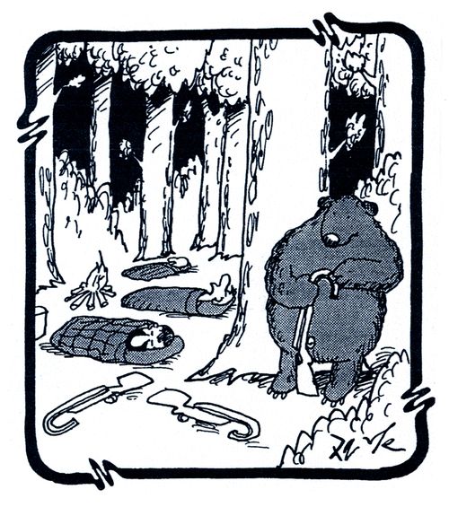 Bear bends hunter's guns.