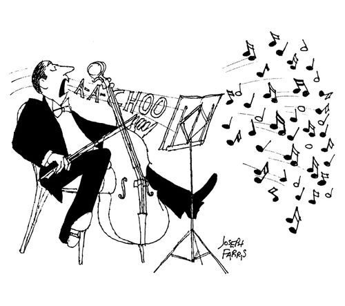 Musician sneezes and blows away musical notes.