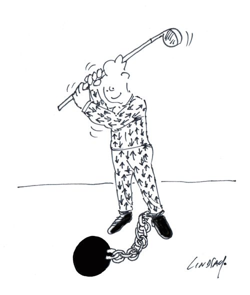 Prisoner playing golf with his ball and chains.