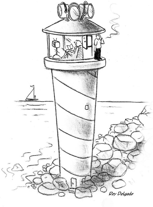Man going out for a cigarette from a lighthouse.