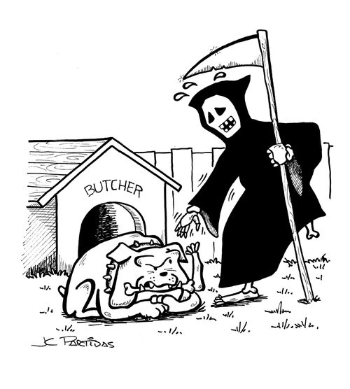 Bulldog has a death´s leg in his jaws.
