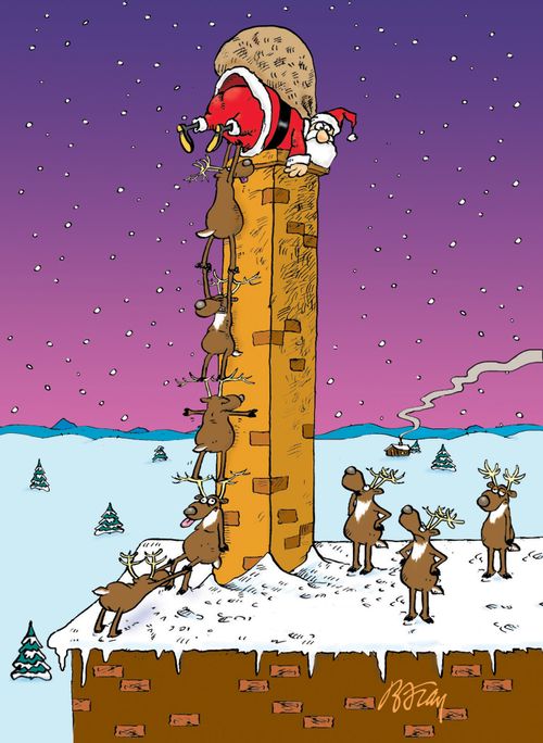 Santa being hoisted up a tall chimney by his reindeer.
