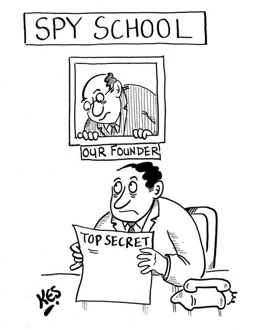 An employee of a school for spies, reads a top secret document as the photo/ painting of the schools founder peeks over his shoulder.