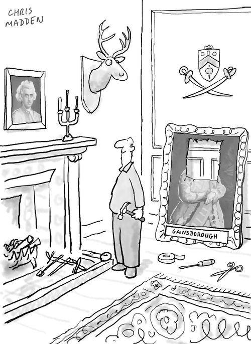 Man defaces a painting to make it fit above his fireplace.