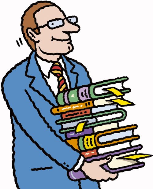 man in suit carries pile of books with sticky notes