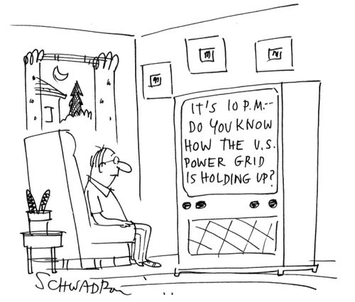 TV screen: 'It's 10pm - do you know how the US power grid is holding up?'