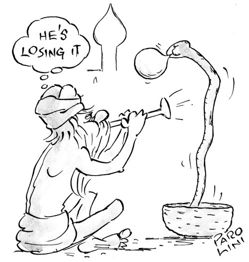 Snake charmer thinks his snake is losing it.