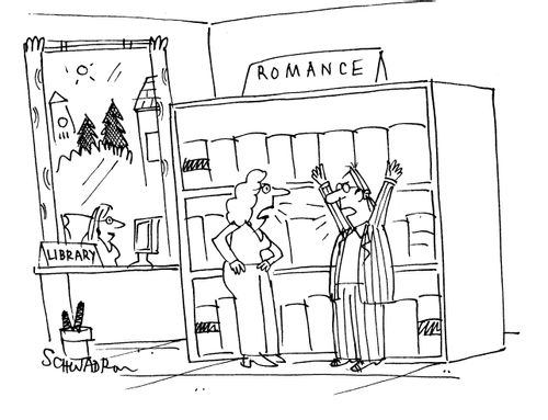 Couple arguing in the romance section of the library.