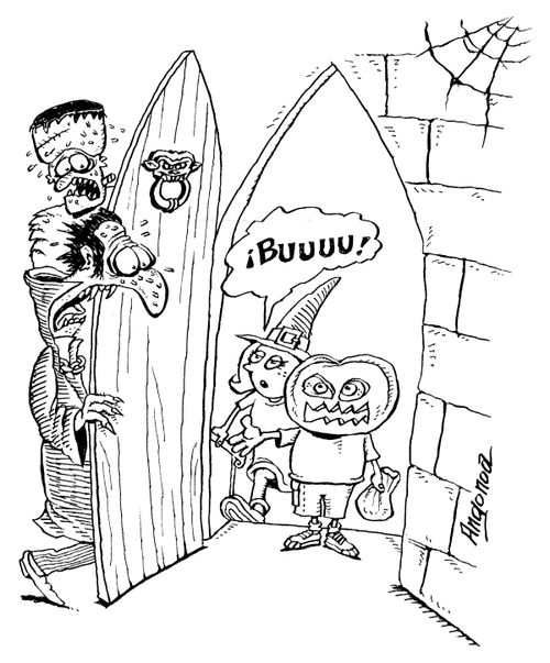 Trick-or-treaters scaring Frankenstein and Dracula.
