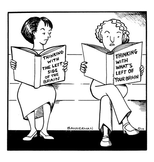 Thinking with the left side of the brain/Thinking with what's left of your brain.