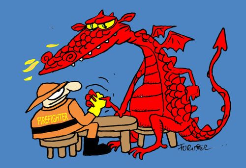 Firefigher arm-wrestling with a dragon.