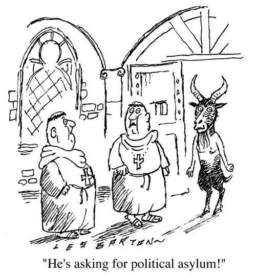 Pagan God in church, "He's asking for political asylum."