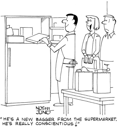 "He's a new bagger from the supermarket. He's really conscientious!"