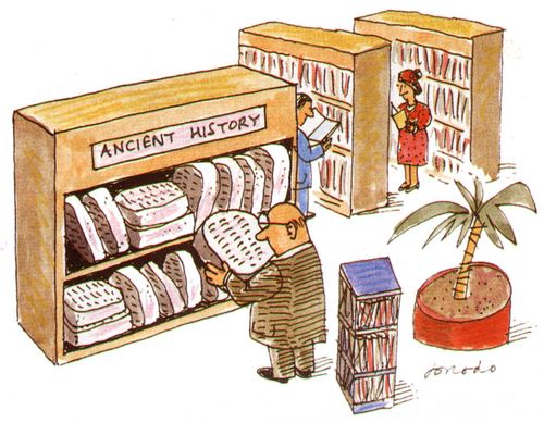 Ancient History section of a library with stone tablets for books.